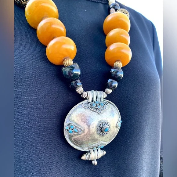 Antique Berber large copal amber beaded necklace with pendant from Morocco